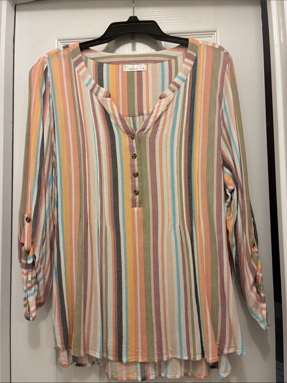 89th & Madison Striped Henley Blouse in Pastel Multi